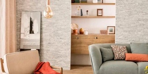 Каменная стена в интерьере фото 3D панели RKS SLATE Кварцит White Quartz Classic купить камень для стен с доставкой (16)
